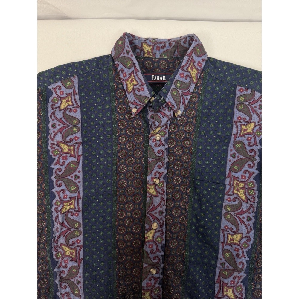 VTG‎ Farah Navy Green Paisley Long Sleeve Button Down Shirt Mens Size L Cotton